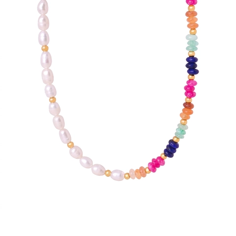Collier de Perles Baroque d'Eau Douce et Pierres Naturelles Colorées Fait Main Bijoux en Acier Titane pour Femmes