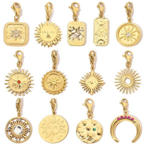 Gold Plated Stainless Steel Celestial DIY Charms Lobster Clasp Rhinestone Sun Moon Star Tarot Style For Jewelry Making