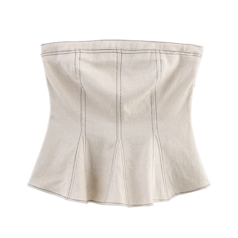 Women Contrast Stitching Strapless Peplum Top And Wide Leg Pants Casual Outfits For Women Beige Top And Bottom