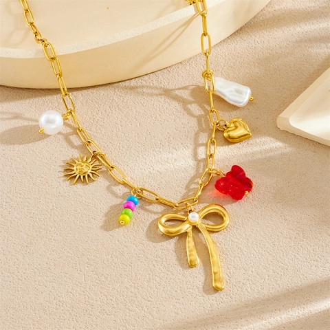 Multi Charm Necklace Gold Plated Stainless Steel Heart Flower Starfish Bow Artificial Pearl Bohemian Chic Retro Fashion Jewelry Women