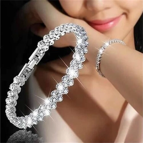 Women Heart Link Bracelet Alloy Rhinestone Luxury Elegant Jewelry Roman Chain Sparkly Accessory Gift