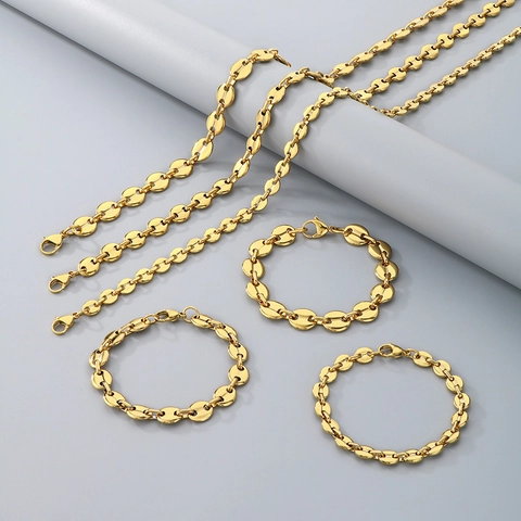 Joyas De Acero Inoxidable Collar Y Pulsera De Cadena De Eslabones De Grano De Café Hip Hop Rock Punk Para Hombre Mujer