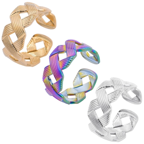 Woven Texture Hollow Out Ring Stainless Steel Open Adjustable Geometric Band Trendy Unisex Jewelry Accessories