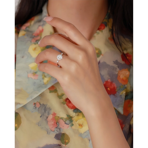 925 Sterling Silber Blumen Ring Runder Zirkon Halo Verlobung Hochzeit Band Für Frauen Platinierte Luxus