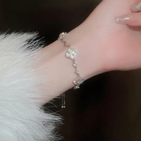Bracciale Regolabile Quadrifoglio Fiore Rame Zircone Stile Conchiglia Bianca Eleganti Gioielli Di Moda Di Lusso Donna