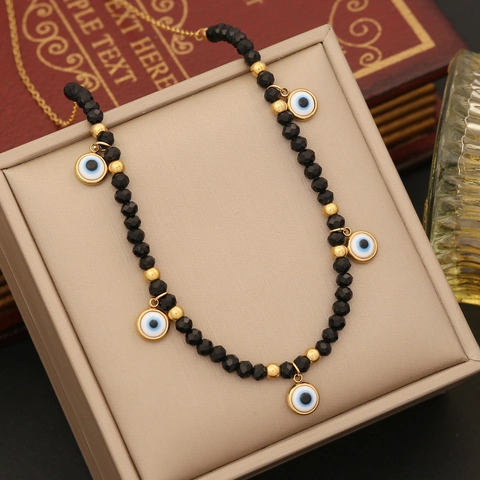 Evil Eye Jewelry Necklace Bracelet And Earrings Stainless Steel Gold Plated Black Crystal Beads Retro Mysterious Women