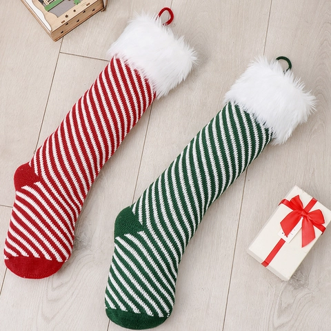 Christmas Stockings Acrylic Knitted Pinstripe Pattern With Faux Fur Cuff Large Xmas Gift Bag Holiday Hanging Decor