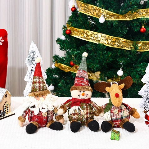 Adornos Colgantes Esféricos de Tela de Cuadros Navidad Botón Papá Noel Muñeco de Nieve Reno Colgante Muñeco de Peluche Decoración Hogar