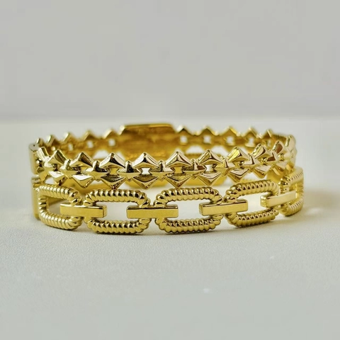 Fashion Stainless Steel Bangle For Women Hollow Chain Style 14K Gold Plated Full Rhinestone Geometric Inlaid Bracelet Jewelry