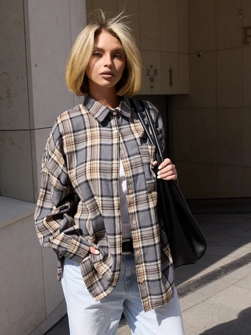 Women Plaid Long Sleeve Shirt Vintage Oversized Cotton Polyester Flannel Checkered Blouse Loose Fit Button Down With Pocket