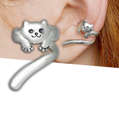 Vintage Katze Ohrklemme Wrap Ohrringe Antik Silber Farbe Legierung Retro Süße Tier Clip On Schmuck Für Frauen Mädchen