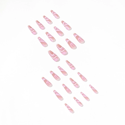 Unghie Finte Lunghe A Pressione Forma Bara Motivi A Onde Rosa E Bianche Plastica Manicure Per Donne Elegante