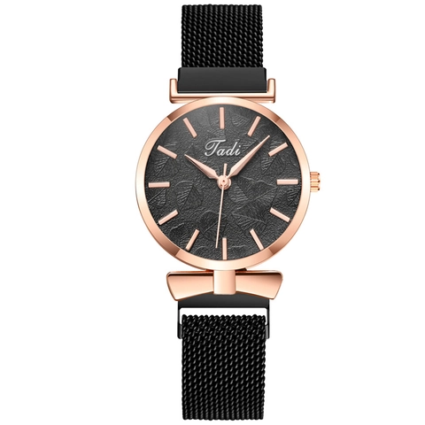Fashion Women Quartz Watch Stainless Steel Milanese Mesh Strap Magnetic Buckle Embossed Leaf Dial Elegant Analog Watch