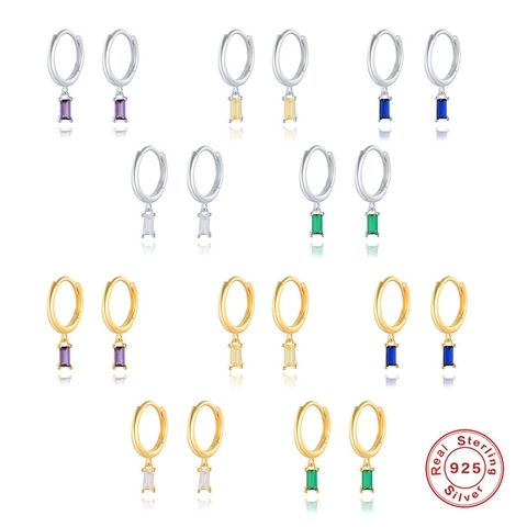 925 Sterling Silver Hoop Earrings Rectangular Colorful Zircon Pendants French Style Minimalist Elegant Jewelry For Women
