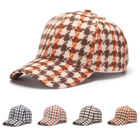 Vintage Houndstooth Baseball Cap Tweed Fabric Adjustable Sun Protection Hat For Women Retro Style Casual Sporty Accessories