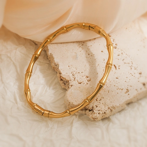 Vintage Minimalist Titanium Steel Bamboo Joint Bangle Bracelet For Women Eco-friendly Gold Silver Plated Fashion Bionic Bamboo Design Cuff Bangle Jewelry