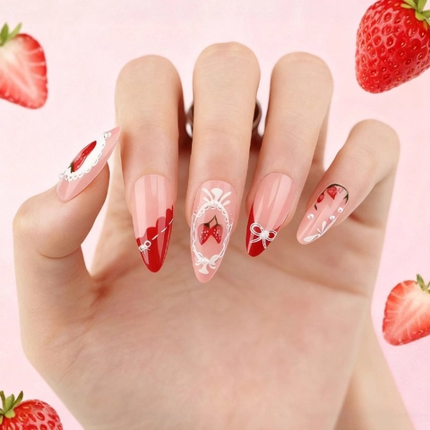 Almond Shape Press On Nails Französisch Rot Erdbeere Muster Schleife Künstliche Perle Dekor Süße Süße Künstliche Fingernägel