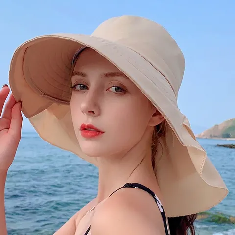 Women Wide Brim Sun Hat With Neck Protection Flap Ponytail Hole Nylon Foldable UV Protection Summer Beach Fisherman Hat