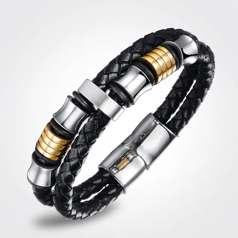 Men Braided Leather Bracelet With Stainless Steel Beads And Magnetic Clasp Double Layer Retro Style Jewelry