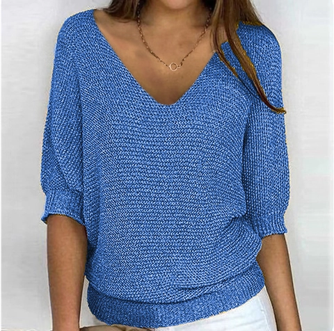 Women Knit Pullover Sweater Loose V Neck Batwing Sleeves Solid Color Casual Commute Tops