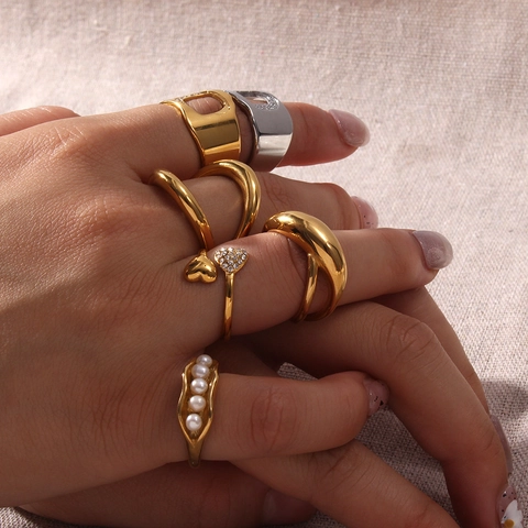 Anello in Acciaio Inossidabile a Forma di Cuore Geometrico in Stile Ins per Donna Anello Aperto con Strass e Perla Artificiale