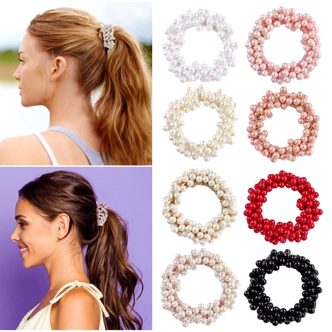 Artificial Pearl Beaded Elastic Hair Ties Crystal Beads Scrunchies Fashion Hair Rope Ponytail Holder For Women Girls Elegant
