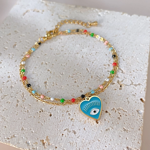 Double Layer Gold Titanium Steel Evil Eye Heart Pendant Bracelet For Women Multicolor Bead Enamel Boho Jewelry Gift