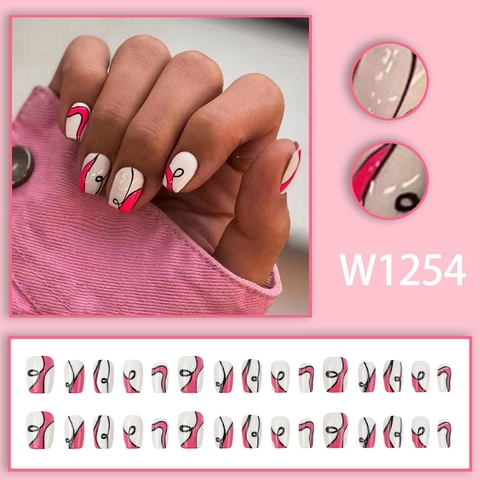 Hot Pink Black Wavy Lines Press On Nails Abstract Short Square Round Artificial Fake Fingernails Y2K Style For Women