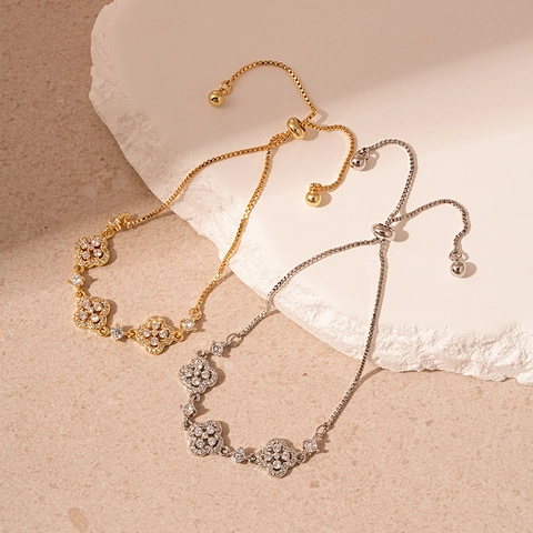 Women Hollow Flower Four Leaf Clover Adjustable Bolo Bracelet Copper Micro Pave Zircon Elegant Jewelry Accessory