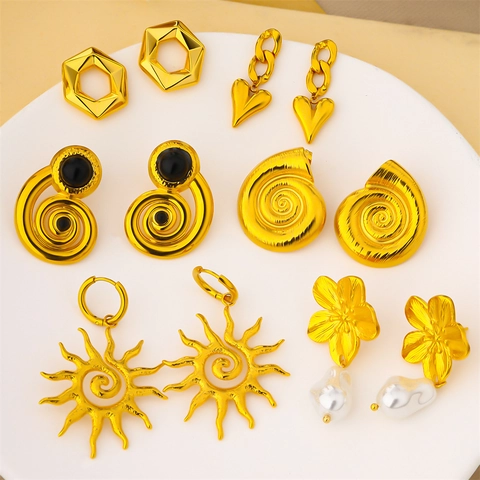 Alloy Earrings For Women Retro Geometric Heart Sun Flower Faux Artificial Pearl Gold Plated Elegant Fashion Jewelry Accessories
