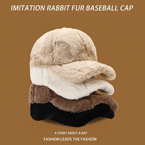 Casquette de Baseball en Peluche Épaissie Hiver pour Hommes Femmes Chaud en Fausse Fourrure de Lapin Couleur Unie Souple