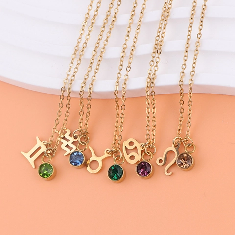 12 Sternzeichen Tierkreiszeichen Anhänger Halskette 304 Edelstahl Mit Rundem Bunten Geburtsstein Zirkon Schmuck Geschenk