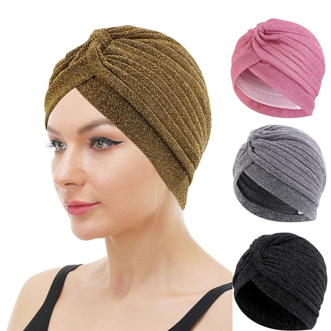 Chapeau Turban en Fils Métalliques pour Femmes Style Ethnique Nœud Torsadé Foulard Plissé Bonnet Indien Mode