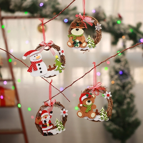 Christmas Wreath Hanging Ornament Santa Claus Snowman Reindeer Bear Rattan Ring For Home Holiday Party Decoration Gift