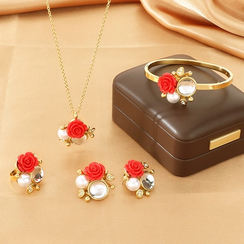 Rosenblüte Künstliche Perle Halskette Ohrringe Ring Und Armband Schmuck Vergoldeter Edelstahl Luxus Mode Für Frauen Elegant