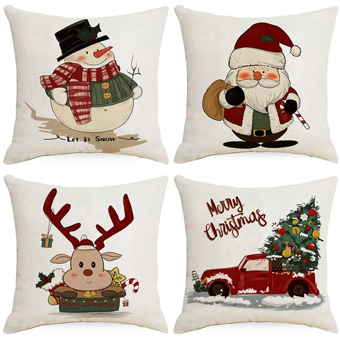 Funda De Almohada De Navidad Lino Decorativa Cuadrada Papá Noel Muñeco De Nieve Reno Camión Decoración Sofá