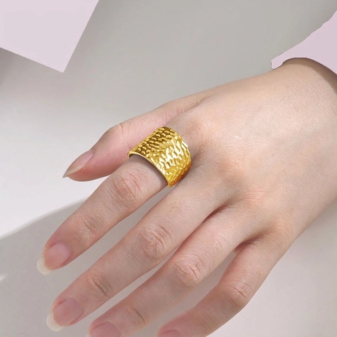 Hammerschlag Textur Breiter Verstellbarer Ring 18K Vergoldeter Edelstahl Vintage Minimalistischer Fingerschmuck Damen