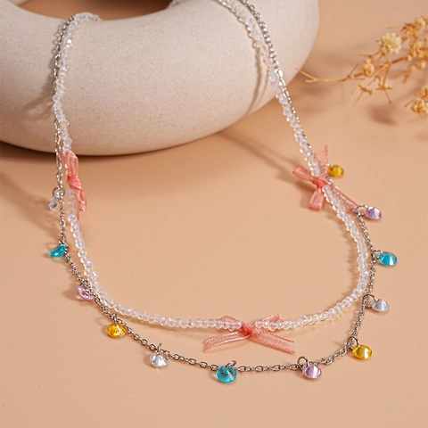 Sweet Double Layer Beaded Choker With Mesh Bows And Colorful Crystal Zircon Pendants Titanium Steel Necklace Elegant Women