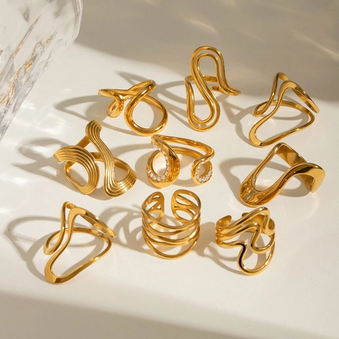Anillo Abierto De Acero Inoxidable Chapado En Oro De 18K Onda Irregular Ajustable Geométrico Estilo Ins Joyería Mujer Impermeable