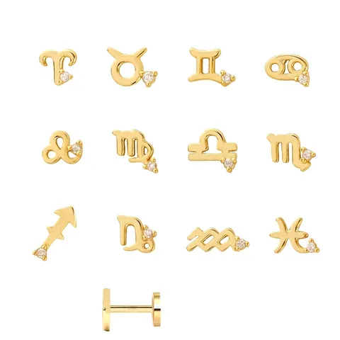 925 Sterling Silver Zodiac Stud Earrings For Women Men Rhinestone Constellation Symbols Flat Back Labret Ear Bone Nail Trendy Fashion Jewelry Gift