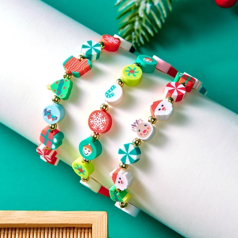 Bracelets À Perles De Noël Argile Polymère Alliage Père Noël Bonhomme De Neige Motif Flocon Élastique Bijoux Femmes Filles