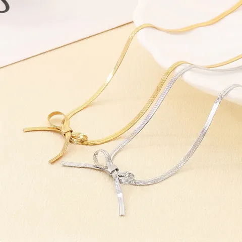 Bowknot Pendant Necklace Stainless Steel 18K Gold Plated Blade Snake Chain Elegant Jewelry For Women