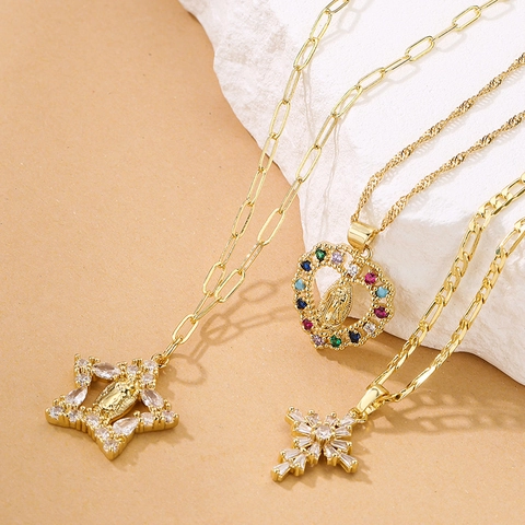 Women Gold Plated Copper Pendant Necklace Geometric Heart Star Cross With Zircon Paperclip Figaro Chain Jewelry