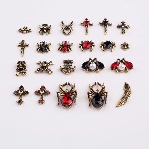 Vintage Gothic Halloween Nail Art Charms Alloy Punk Αράχνη Νεκροκεφαλή Σταυρός Καρδιά Στρας Διακόσμηση Μανικιούρ Κοσμήματα