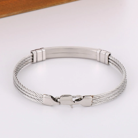 Herren Edelstahl Kabelarmband Geflochten Mit Polierter Metallplatte Industrieller Minimalistischer Mode Schmuck