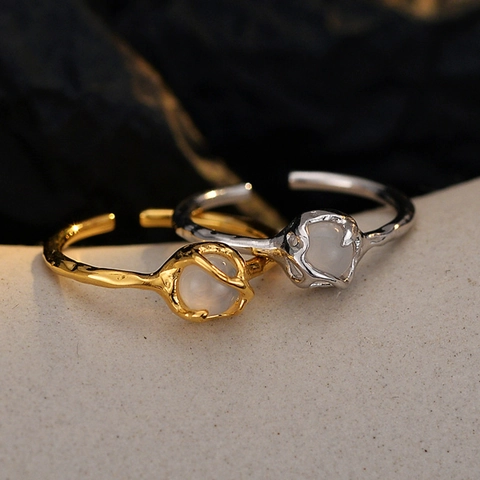 Minimalist 925 Sterling Silver Open Ring For Women S925 Silver White Agate Adjustable Geometric Finger Ring Ins Style Jewelry