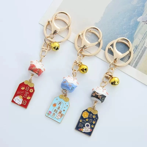 Portachiavi Maneki Neko Gatto Della Fortuna Lega Zinco Ceramica Campanello Etichetta Benedizione Stile Giapponese Regalo