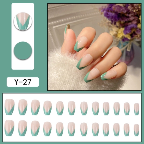 Unghie Finte A Pressione Con Punta A V Francese Forma A Bara Unghie Finte Verde Matcha Rosa Nudo Decorazione Manicure Per Donne