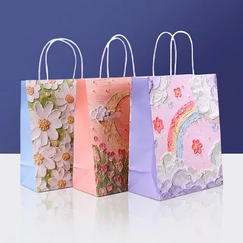 Artistic Oil Painting Style Paper Gift Bags With Handles Impasto Flower Starry Sky Pattern For Birthday Christmas Party