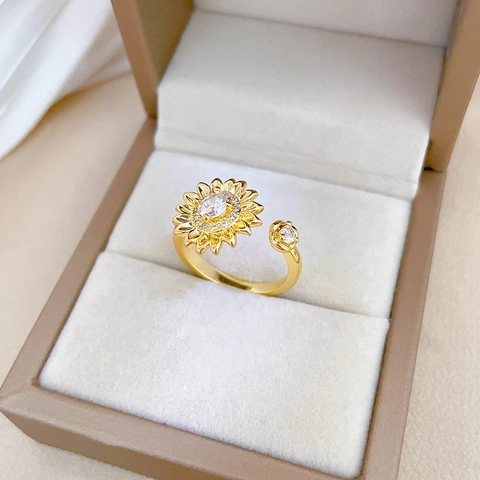 Sunflower Open Adjustable Ring Brass Gold Plated With Zircon Rhinestone Full Diamond Elegant Jewelry For Women